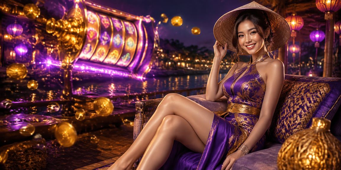 Người chơi tại Hội An tận hưởng slot game với nón lá truyền thống bên cạnh